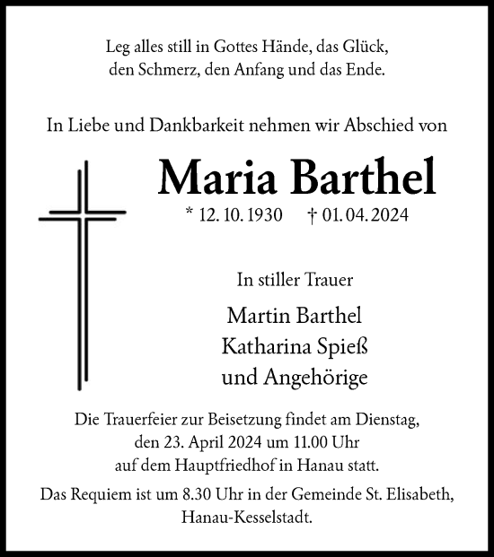 Traueranzeige von Maria Barthel von OF
