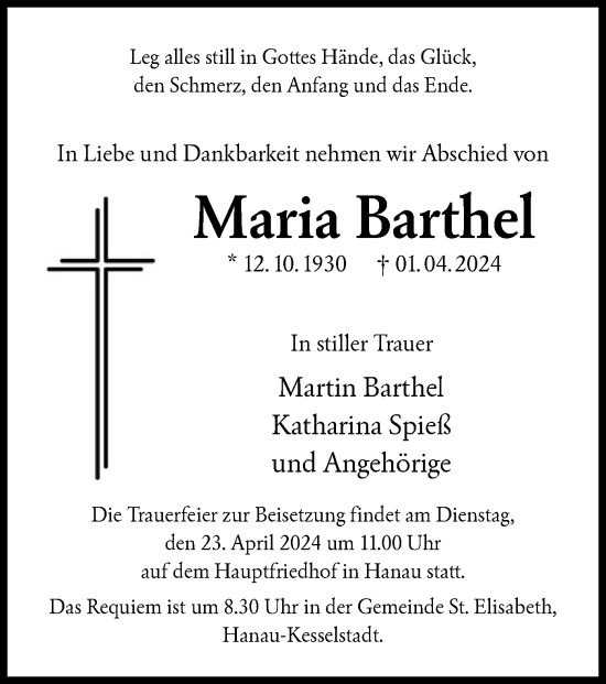 Traueranzeigen von Maria Barthel | trauer.op-online.de