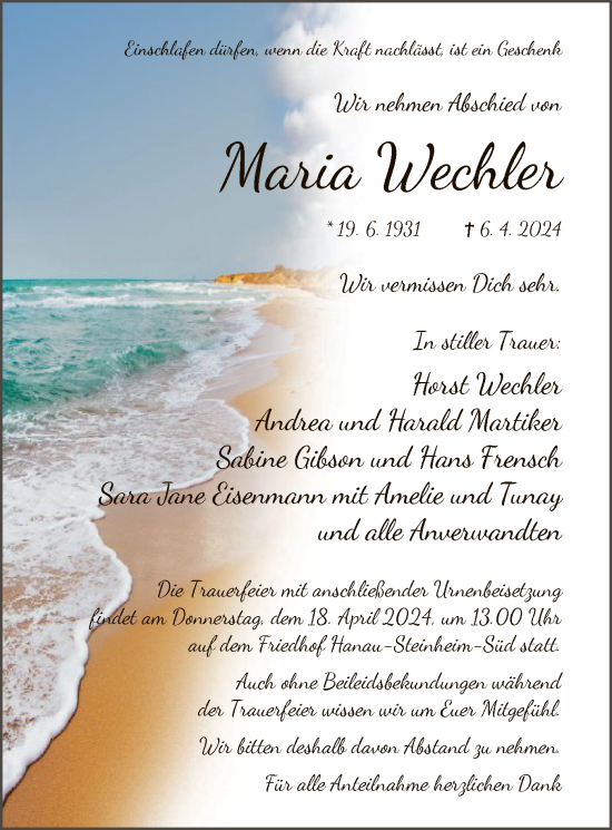 Traueranzeige von Maria Wechler von OF