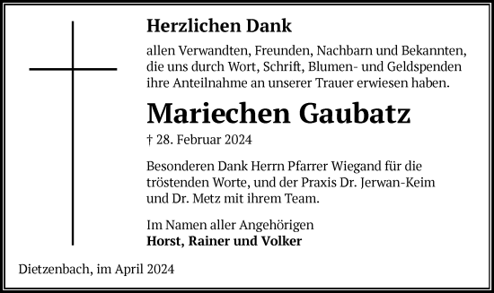 Traueranzeige von Mariechen Gaubatz von OF