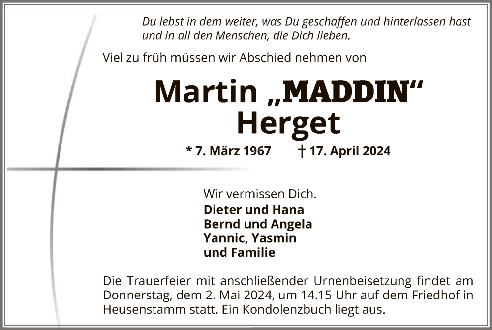  Traueranzeige für Martin Herget vom 27.04.2024 aus OF