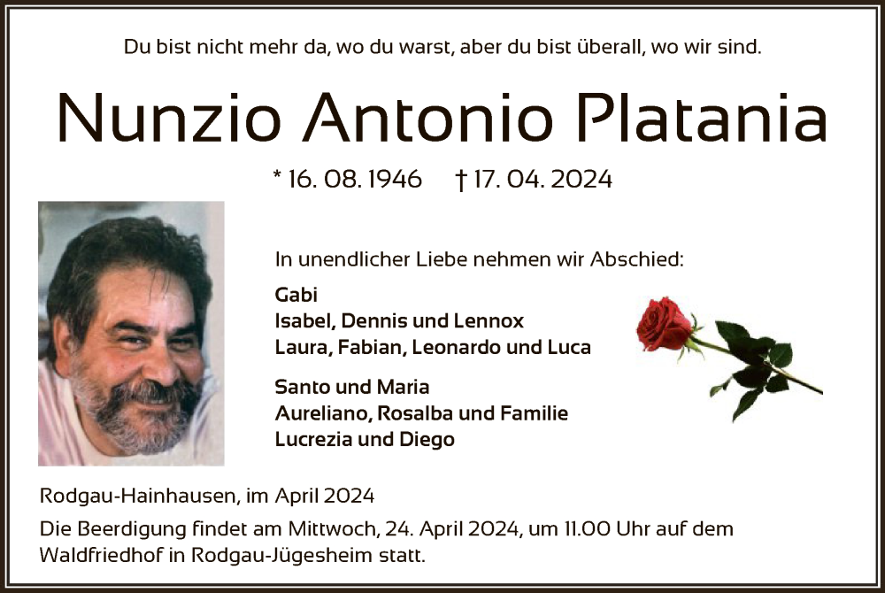  Traueranzeige für Nunzio Antonio Platania vom 20.04.2024 aus OF