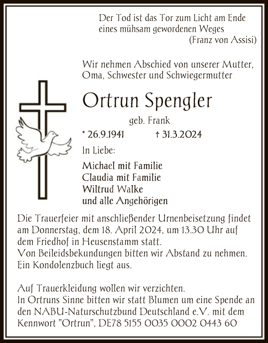 Traueranzeige von Ortrun Spengler von OF