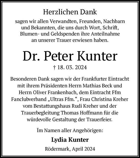 Traueranzeige von Peter Kunter von OF