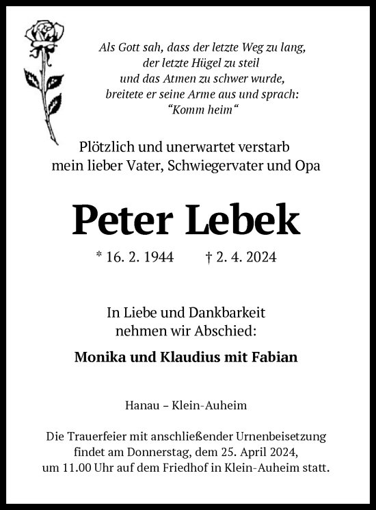 Traueranzeige von Peter Lebek von OF