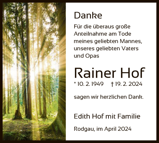 Traueranzeige von Rainer Hof von OF