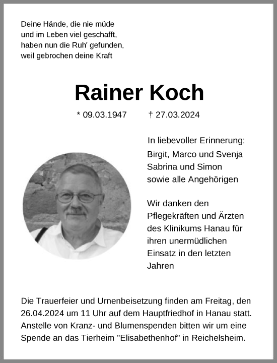 Traueranzeige von Rainer Koch von OF