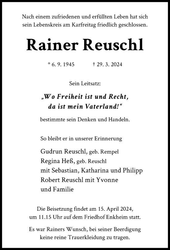 Traueranzeige von Rainer Reuschl von OF