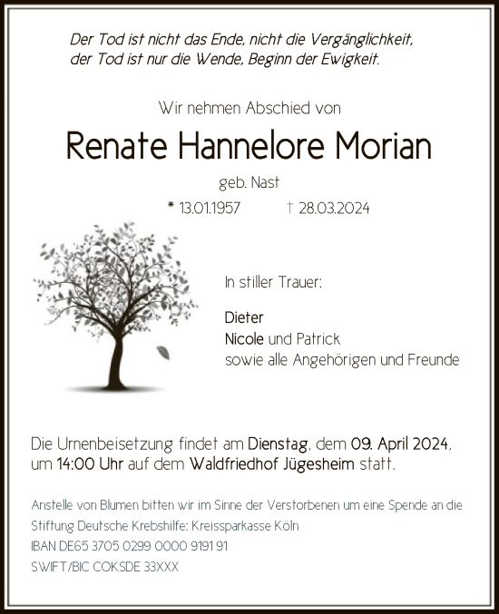 Traueranzeige von Renate Hannelore Morian von OF