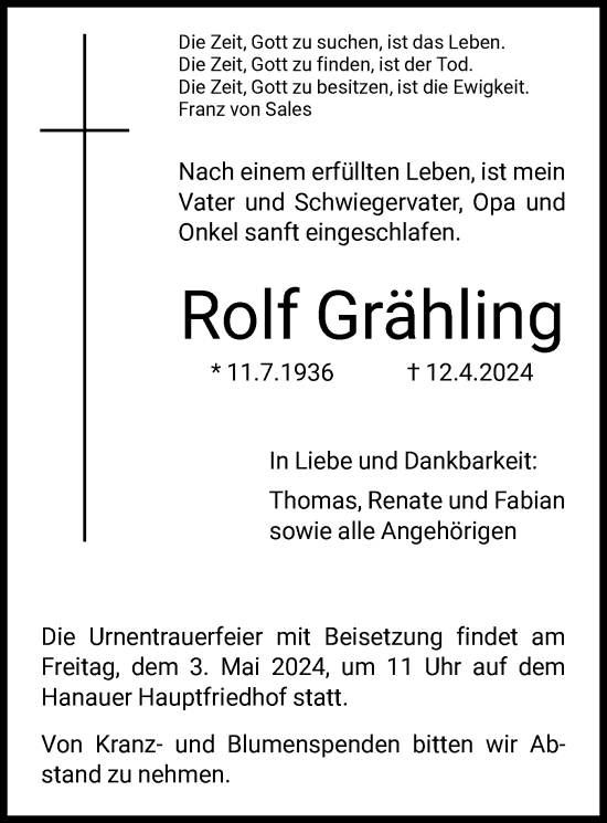 Traueranzeige von Rolf Grähling von OF