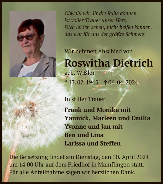 Traueranzeige von Roswitha Dietrich von OF