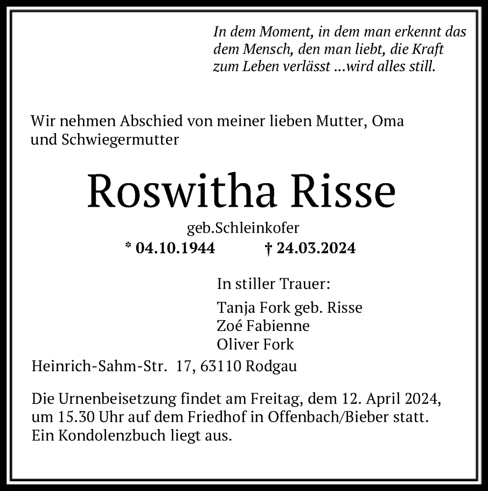  Traueranzeige für Roswitha Risse vom 06.04.2024 aus OF