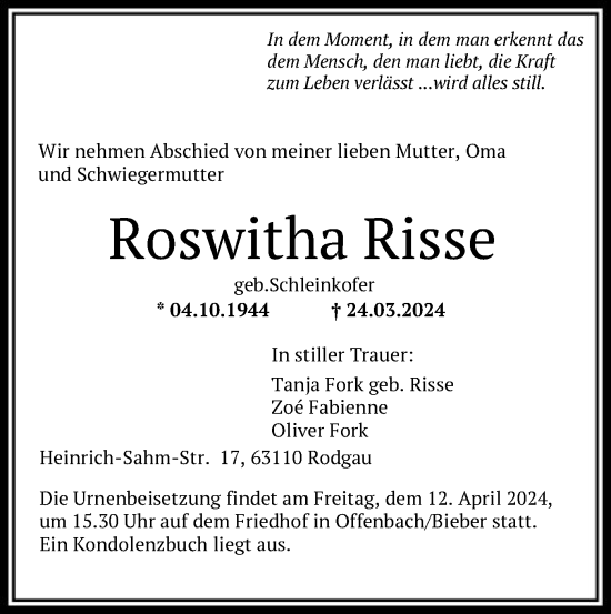 Traueranzeige von Roswitha Risse von OF