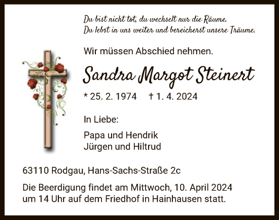 Traueranzeige von Sandra Margot Steinert von OF