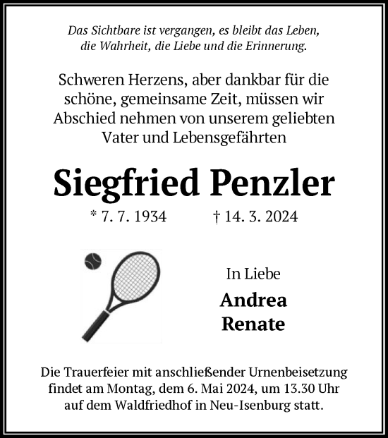 Traueranzeige von Siegfried Penzler von OF