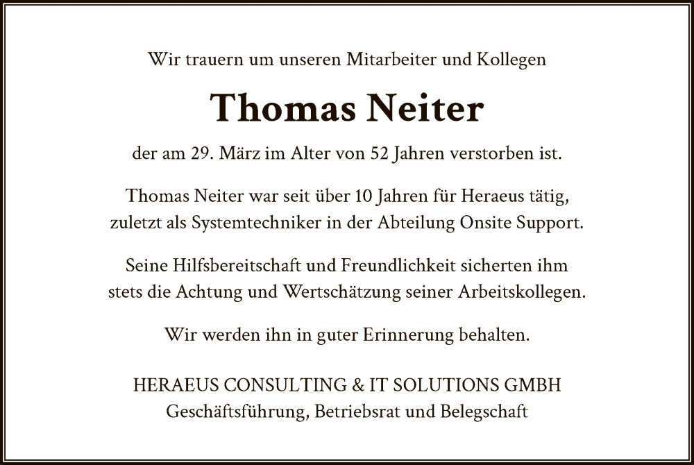  Traueranzeige für Thomas Neiter vom 06.04.2024 aus OF