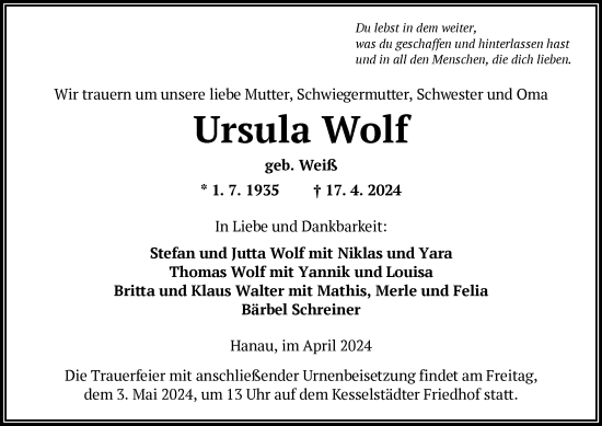 Traueranzeige von Ursula Wolf von OF