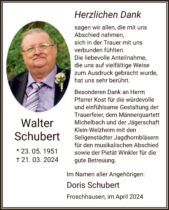 Traueranzeige von Walter Schubert von OF