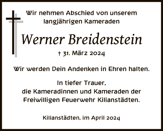 Traueranzeige von Werner Breidenstein von OF