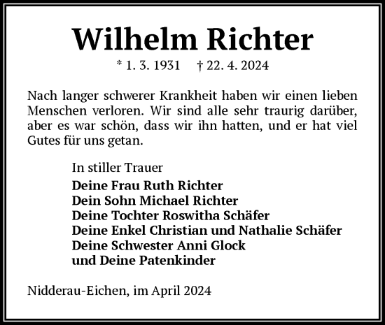 Traueranzeige von Wilhelm Richter von OF
