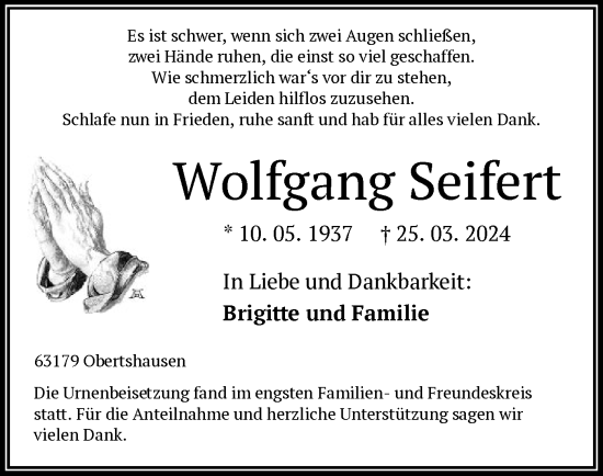 Traueranzeige von Wolfgang Seifert von OF