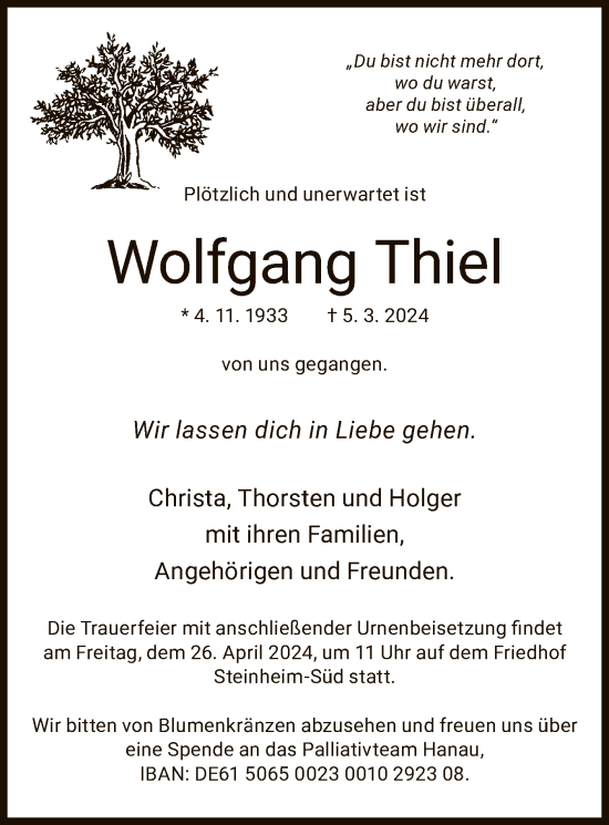 Traueranzeige von Wolfgang Thiel von OF