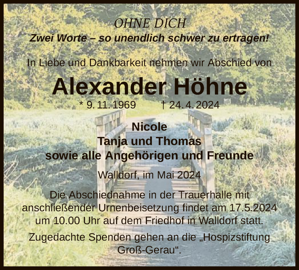  Traueranzeige für Alexander Höhne vom 10.05.2024 aus OF