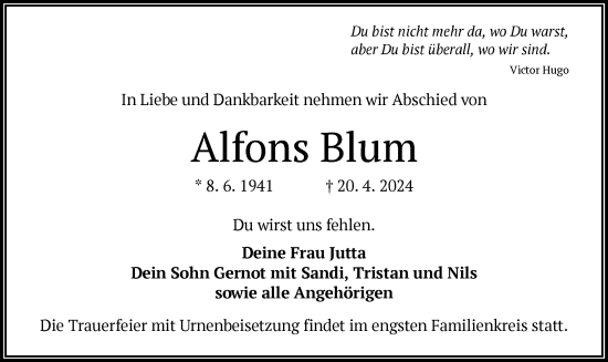 Traueranzeige von Alfons Blum von OF