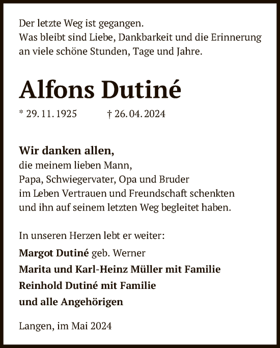 Traueranzeige von Alfons Dutine von OF