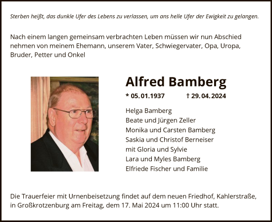 Traueranzeige von Alfred Bamberg von OF