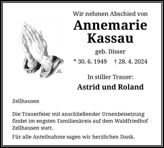 Traueranzeige von Annemarie Kassau von OF