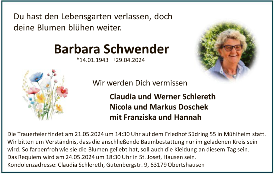 Traueranzeige von Barbara Schwender von OF