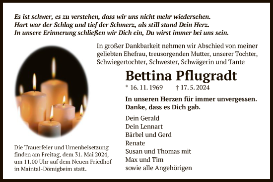 Traueranzeige von Bettina Pflugradt von OF