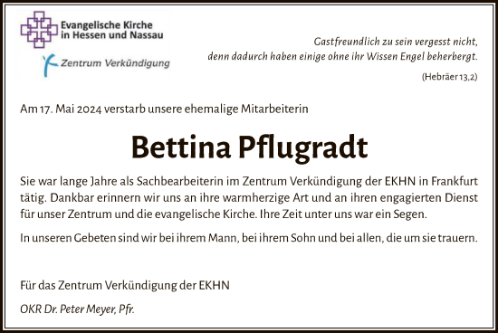 Traueranzeige von Bettina Pflugradt von OF