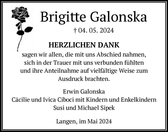 Traueranzeige von Brigitte Galonska von OF