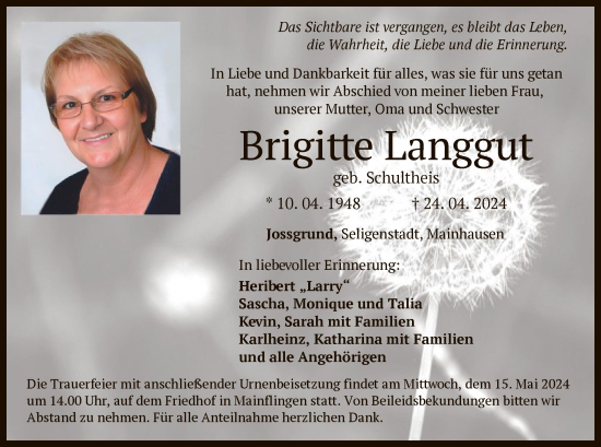 Traueranzeige von Brigitte Langgut von OF