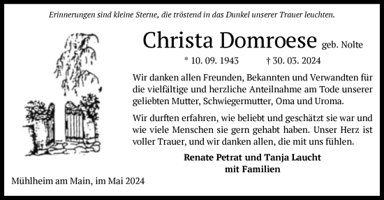 Traueranzeige von Christa Domroese von OF