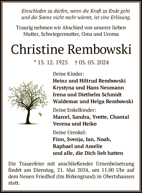 Traueranzeige von Christine Rembowski von OF