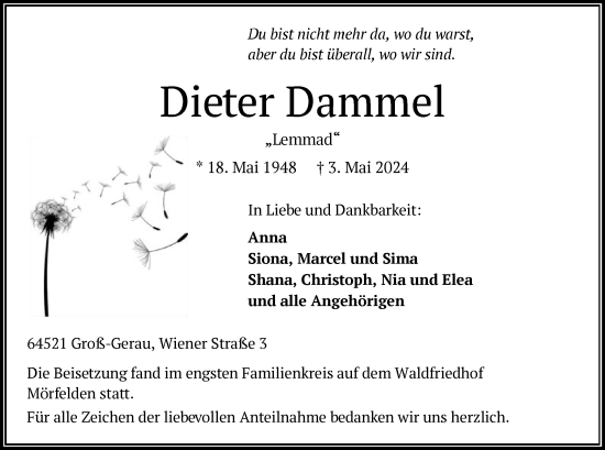 Traueranzeige von Dieter Dammel von OF