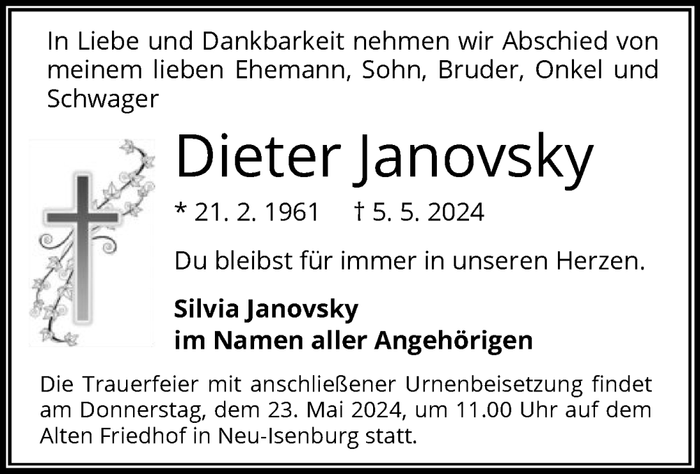  Traueranzeige für Dieter Janovsky vom 18.05.2024 aus OF