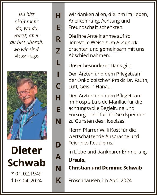 Traueranzeige von Dieter Schwab von OF