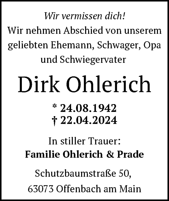 Traueranzeige von Dirk Ohlerich von OF