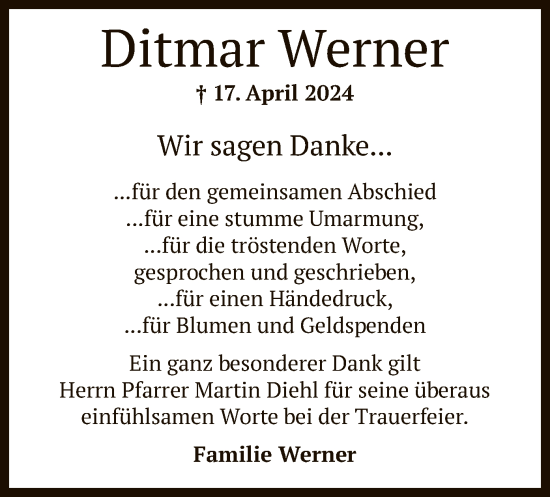 Traueranzeige von Ditmar Werner von OF