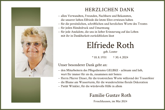 Traueranzeige von Elfriede Roth von OF