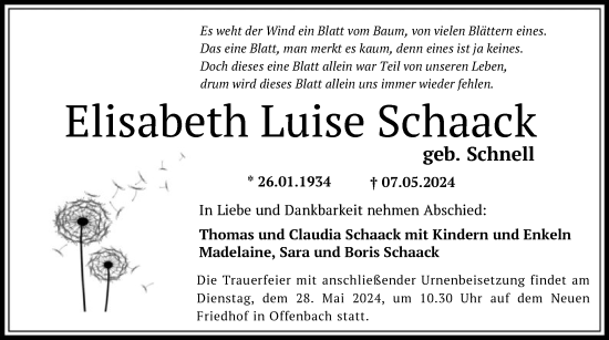 Traueranzeige von Elisabeth Luise Schaack von OF