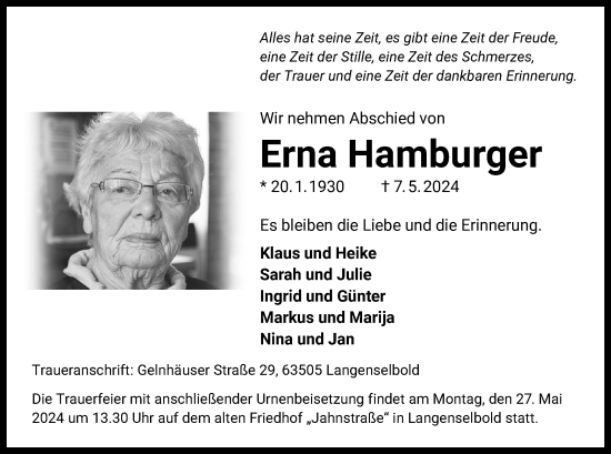 Traueranzeige von Erna Hamburger von OF