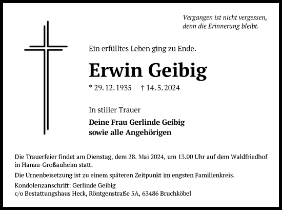 Traueranzeige von Erwin Geibig von OF