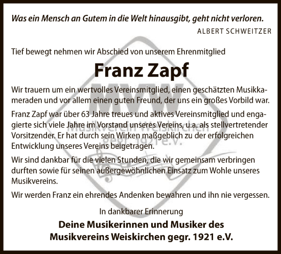 Traueranzeige von Franz Zapf von OFOF