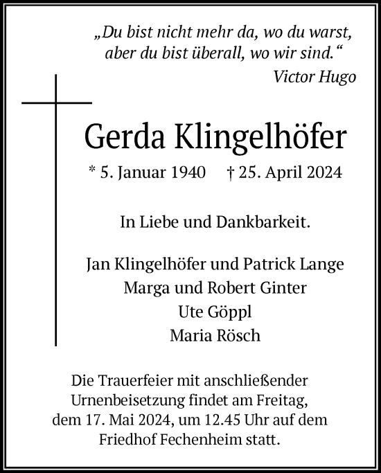 Traueranzeige von Gerda Klingelhöfer von OF