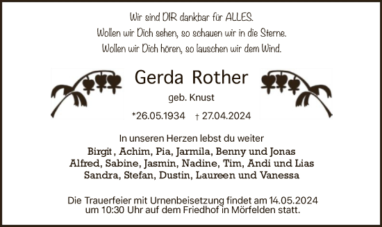 Traueranzeige von Gerda Rother von OF